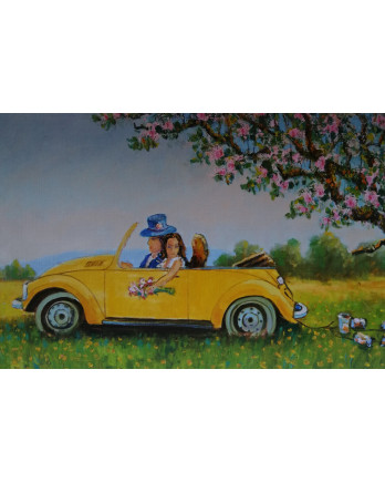 Postal de boda con novios en coche | Papelería romántica – La estantería