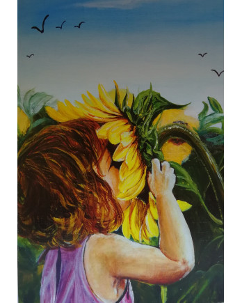 Tarjeta de felicitación con niña oliendo flor | Tierna y emotiva – La estantería