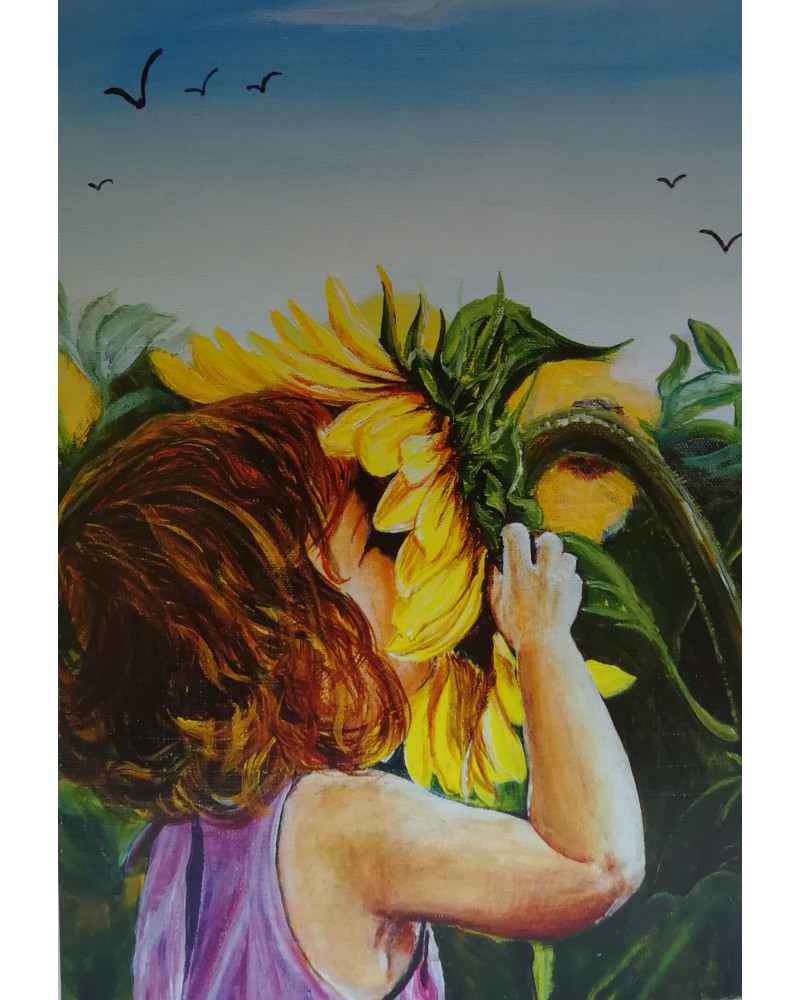 Tarjeta de felicitación con niña oliendo flor | Tierna y emotiva – La estantería