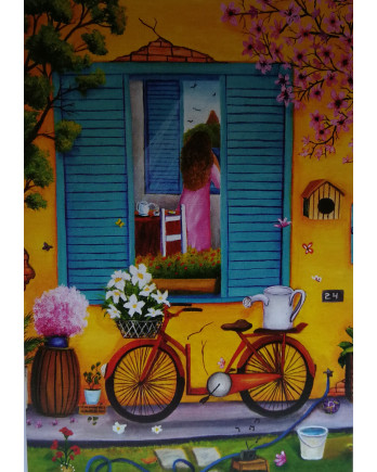 Tarjeta de felicitación mujer en balcón | Elegancia y emoción – La estantería